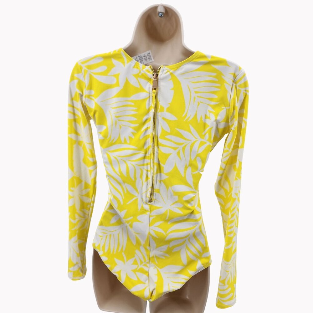 Kate Spade Size XS Yellow White Floral Long Sleeve One Piece Swimsuit - Picture 6 of 9